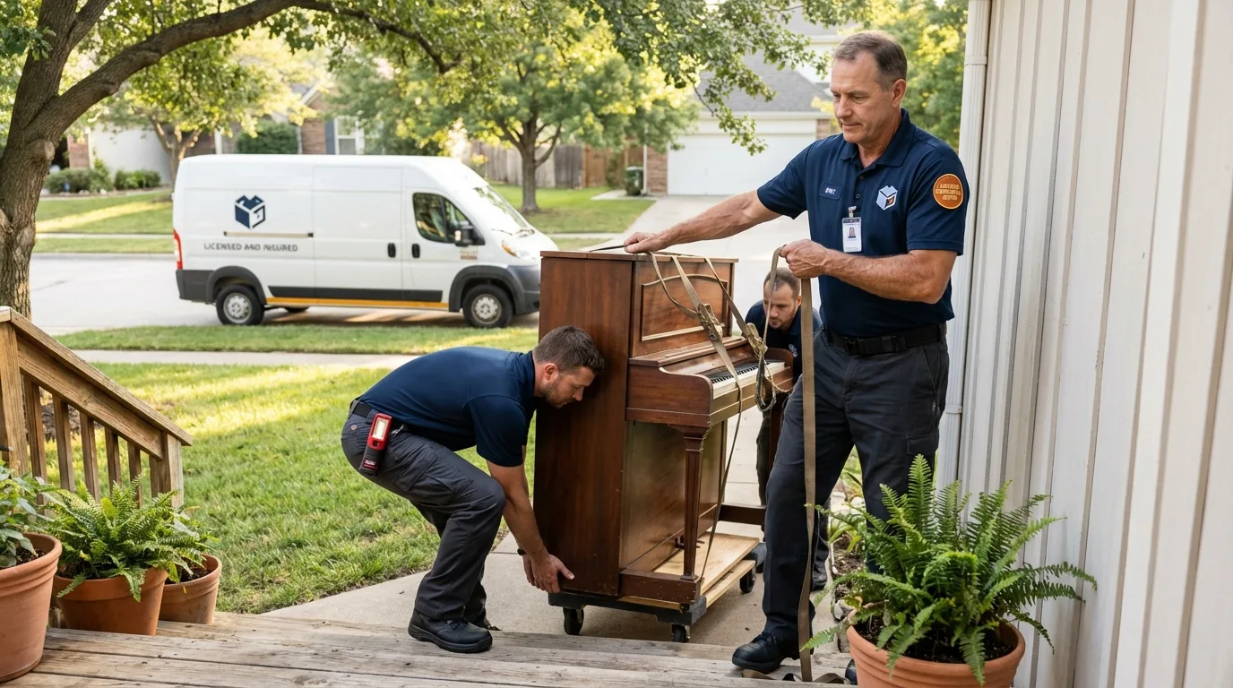 Licensed piano movers securing grand piano in Waynesboro, MS