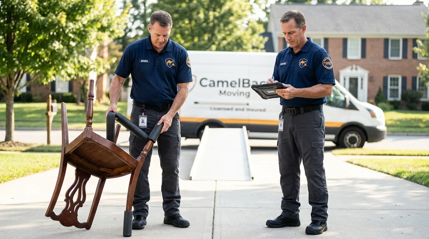 Movers inspecting furniture for damage prevention before loading in Waynesboro, MS