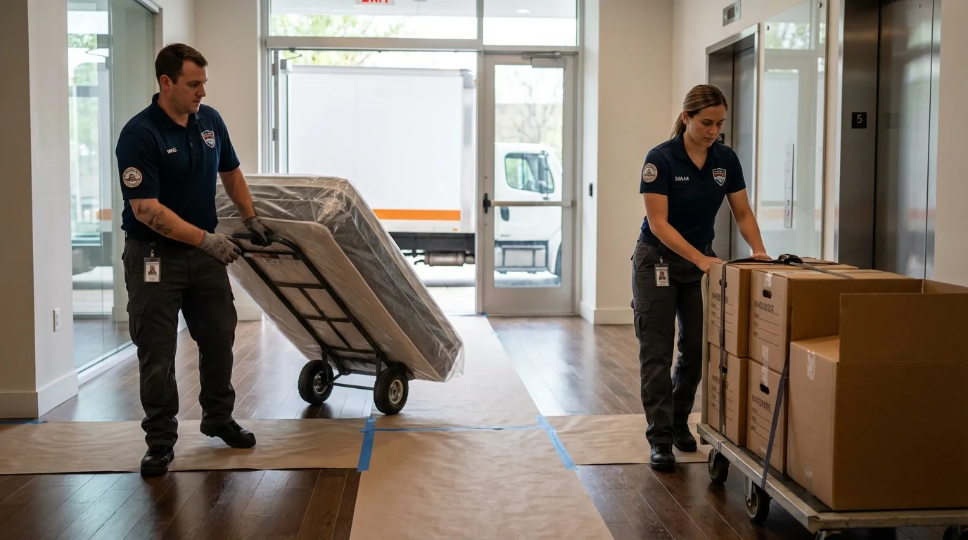 Professional apartment movers loading elevator in Waynesboro, MS